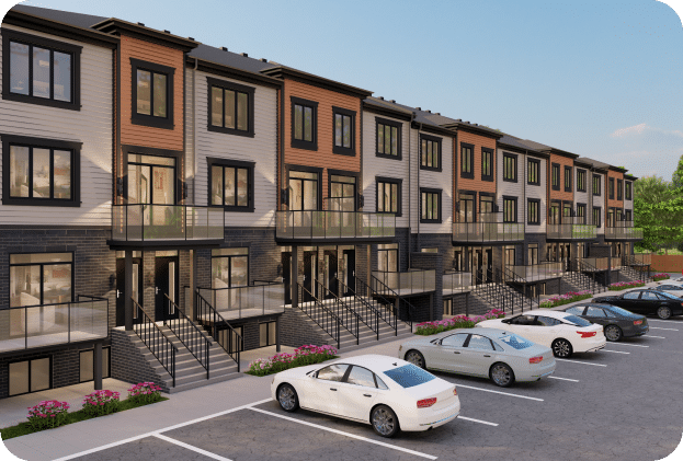 A modern rental building with parked cars in front, surrounded by greenery and a welcoming atmosphere.